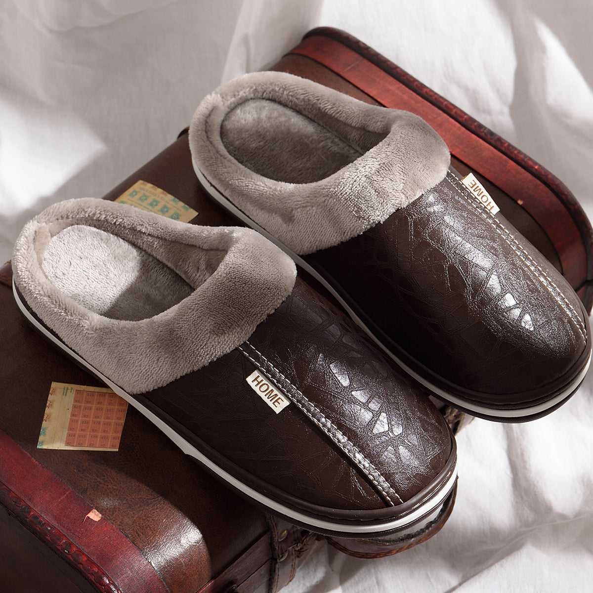 Men Winter Slippers with PU Leather