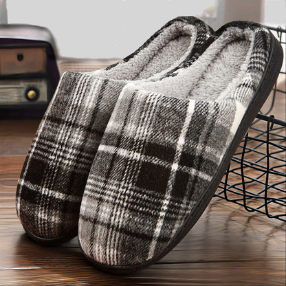 Fashionable Plaid Mens Plush Wide Slippers