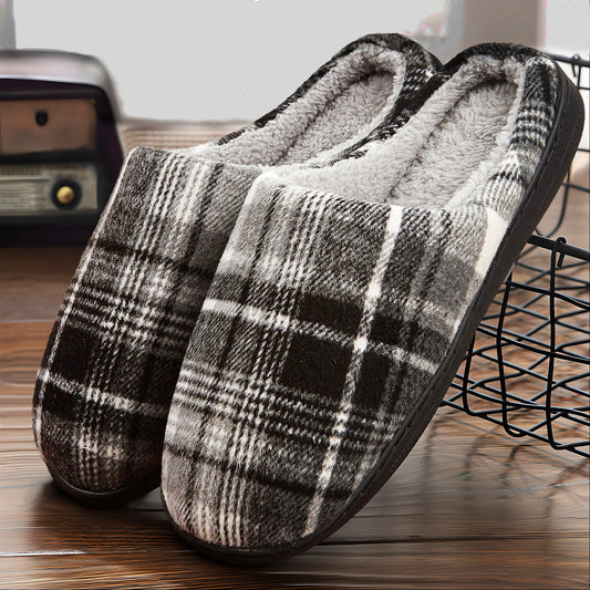 Fashionable Plaid Mens Plush Wide Slippers