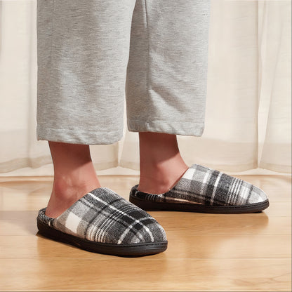 Fashionable Plaid Mens Plush Wide Slippers