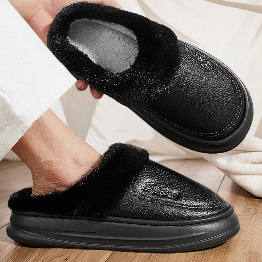 Leather Slippers for Men with Faux Fur Collar