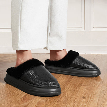 Leather Slippers for Men with Faux Fur Collar