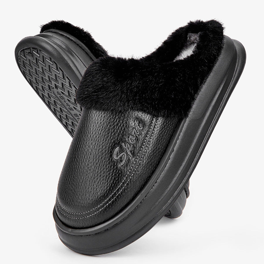 Leather Slippers for Men with Faux Fur Collar