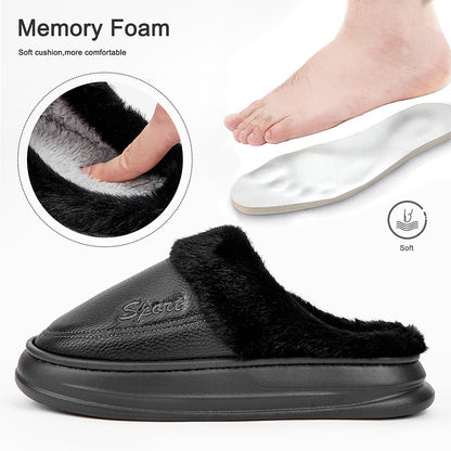 Leather Slippers for Men with Faux Fur Collar