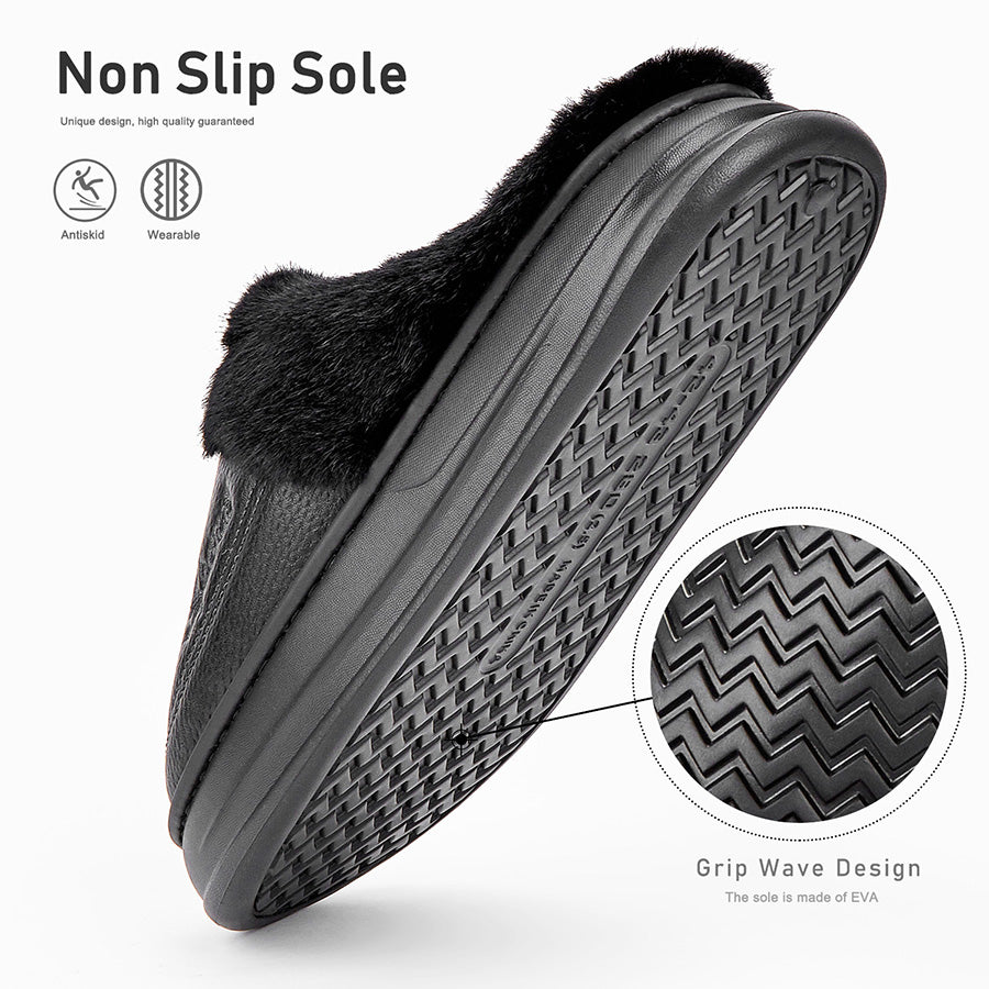 Leather Slippers for Men with Faux Fur Collar