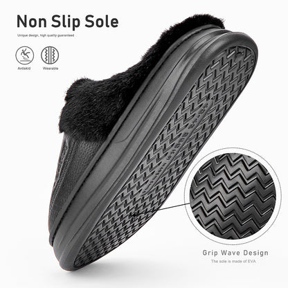 Leather Slippers for Men with Faux Fur Collar