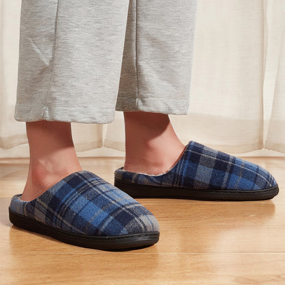 Fashionable Plaid Mens Plush Wide Slippers