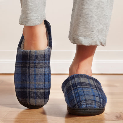 Fashionable Plaid Mens Plush Wide Slippers