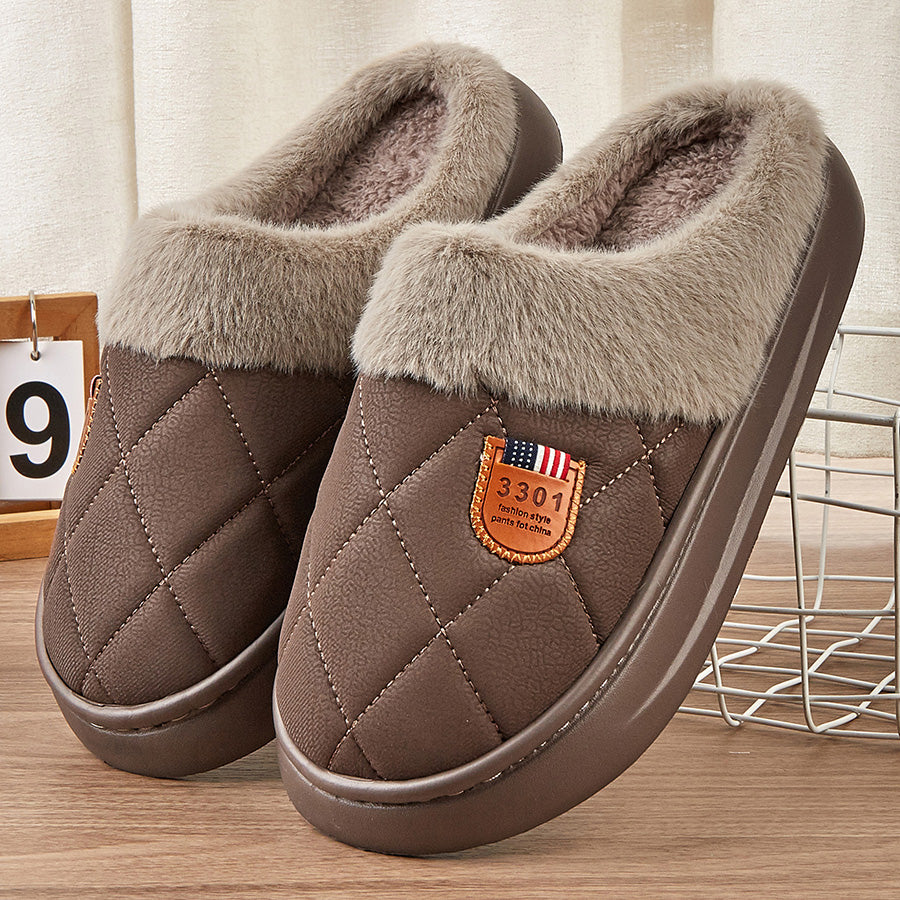 Fashion Mens Slippers With Plaid Faux Fur Collar