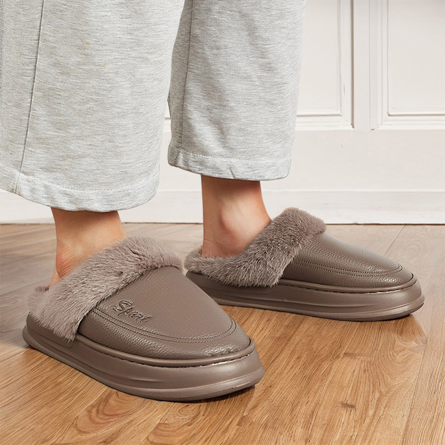 Leather Slippers for Men with Faux Fur Collar