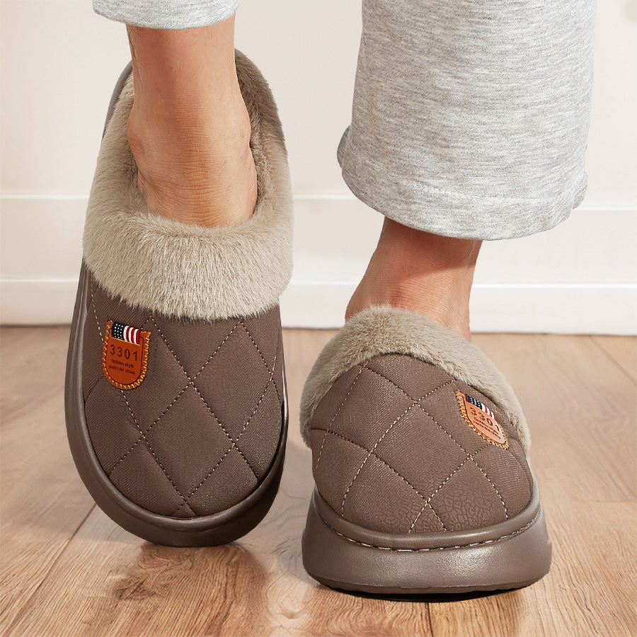 Fashion Mens Slippers With Plaid Faux Fur Collar