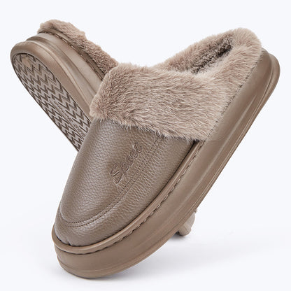 Leather Slippers for Men with Faux Fur Collar