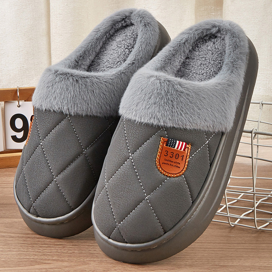 Fashion Mens Slippers With Plaid Faux Fur Collar