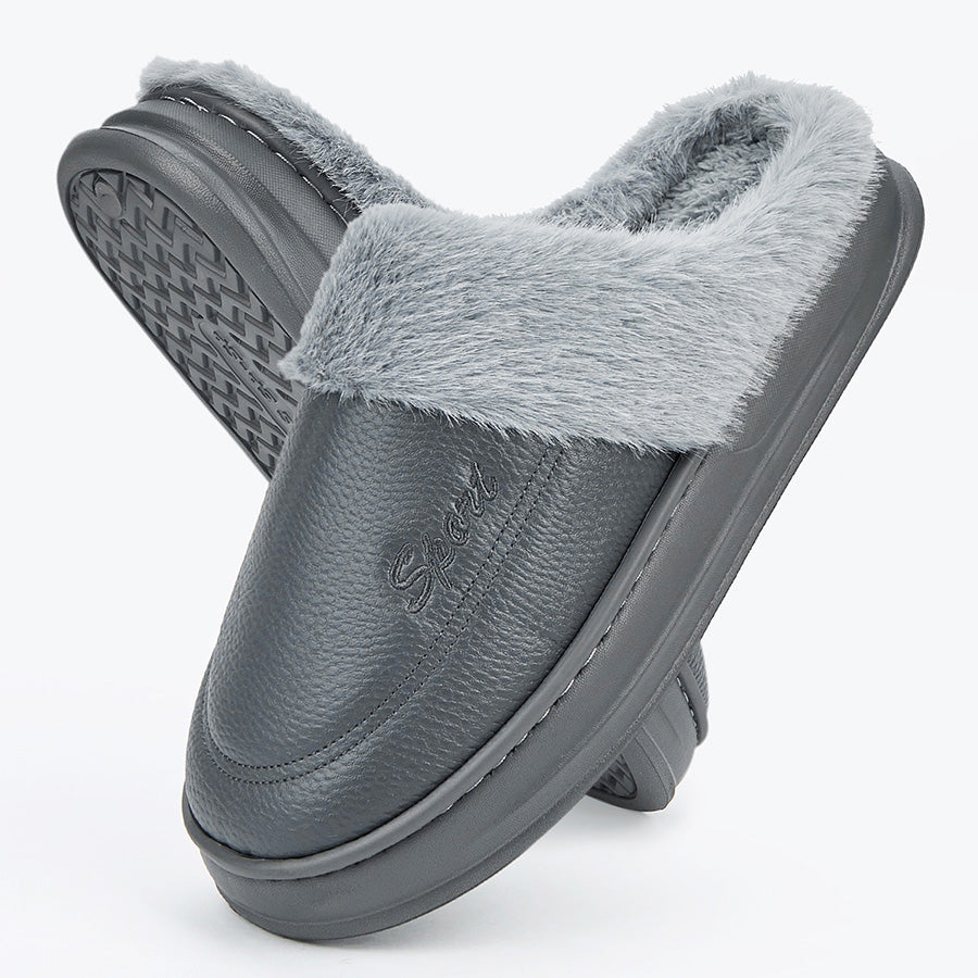 Leather Slippers for Men with Faux Fur Collar