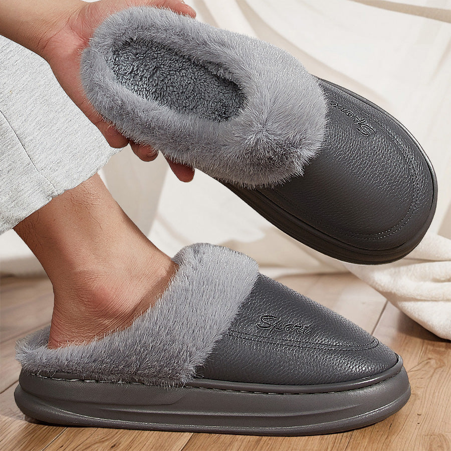 Leather Slippers for Men with Faux Fur Collar