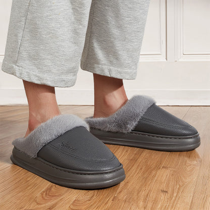 Leather Slippers for Men with Faux Fur Collar